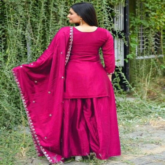 Vibrant Magenta Embroidered Sharara Suit with Intricate Work