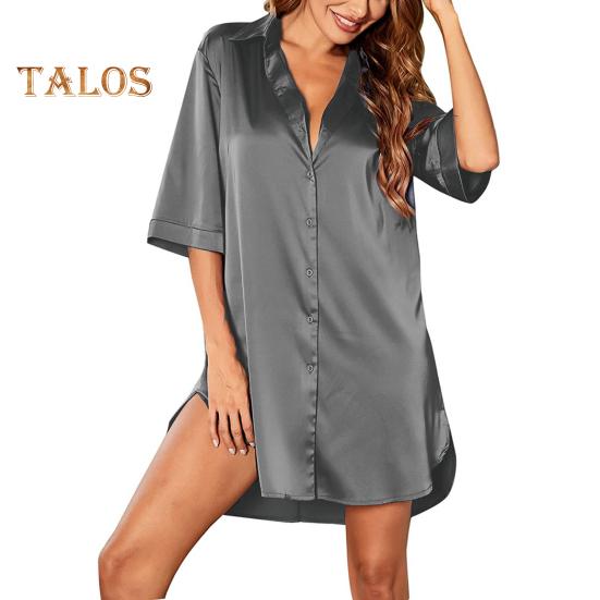 Damen Sommer Nachthemd Halbarm Hemdtyp Revers Einreihig Locker Einfarbig Satin Locker Geteilter Saum Homewear Schlafkleid Nachtwäsche