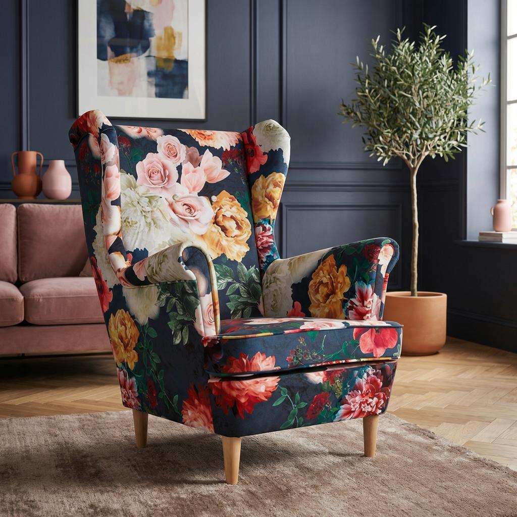 Ohrensessel Flowers Print mit gemustertem Veloursbezug im skandinavischen Stil – Family Meble