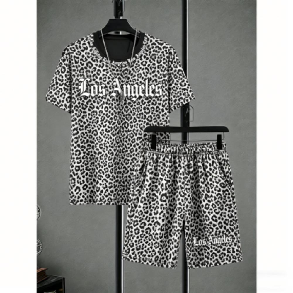 Fun Men's Set Leopard Colorful Printed Men's T-shirt and Shorts 2 Piece Set Summer Casual Outdoor Men's and Women's T-shirt Sets