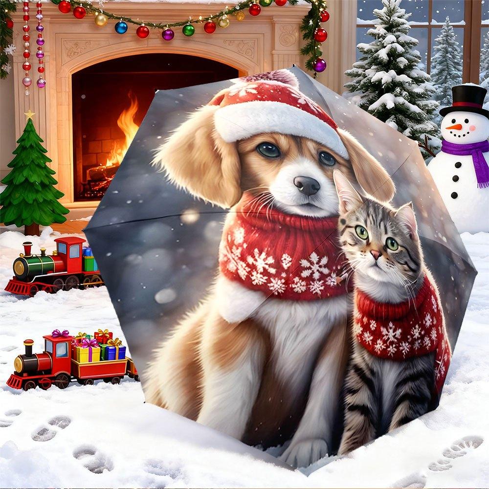 

Portable Folding Umbrella with Cute Dog & Cat Design - Red Snowflake-Patterned Scarves, Automatic Open/Close, Compact Travel U (as the picture,Iron&8K)