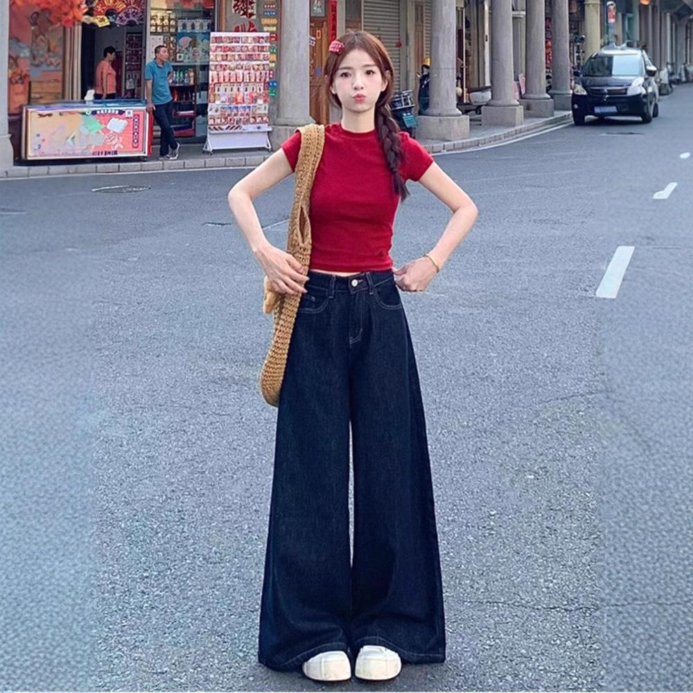 Women's Deep Blue Wide-Leg Jeans - Summer Thin, Petite, Loose, Slimming, Floor-Length Straight Leg Pants