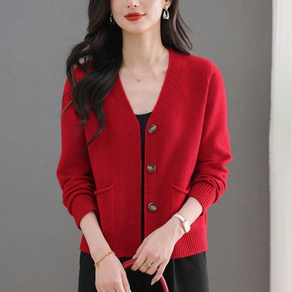 2025 Herbst Damen Eleganter V-Ausschnitt Einreihiger Strick-Cardigan Pullover Mantel mit Taschen.