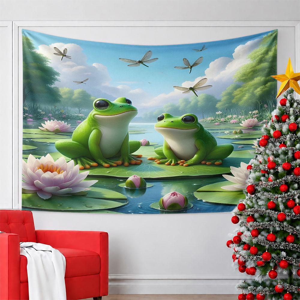 Frogs on Lily Pads with Dragonflies Pattern Wall Hanging Tapestry Decorative Tapestry Home Decor for Bedroom and Living Room