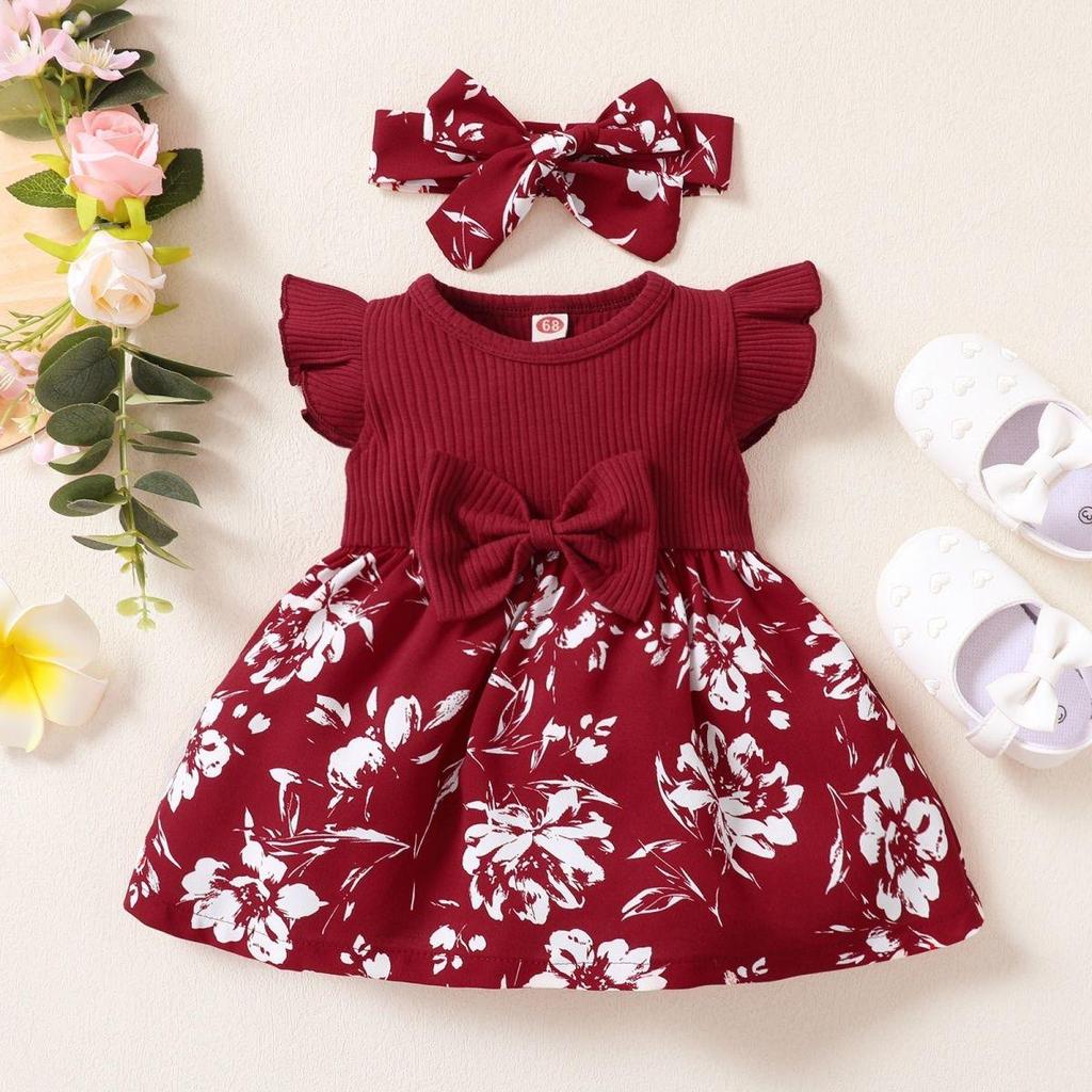 European & American Summer Baby Girl Fly Sleeve Dress with Headscarf - Patchwork Two-Piece Set