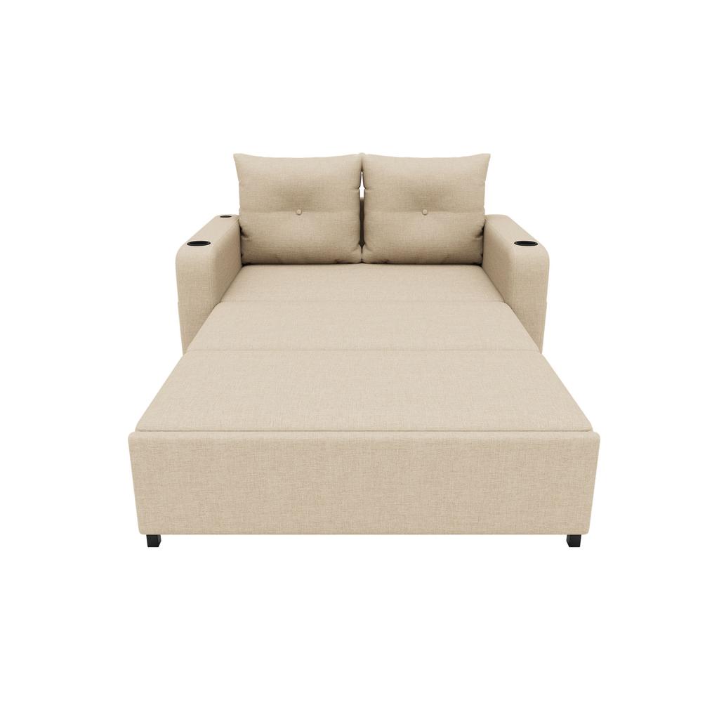 3-in-1 Sleeper Sofa, Pull-Out Sofa Bed, Double Sofa with Cup Holder, Side Pockets, Cushions and USB Port, Modern Design, Beige.[Old SKU:N653P8156A]