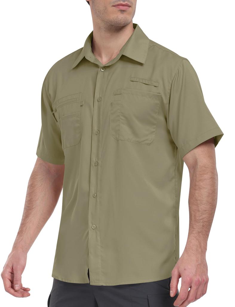 MoFiz Short Sleeve Outdoor Mesh Military for Everyday Casual and Summer Green 3XL Men's Open-Collar Shirt, Breathable, UPF50+, Quick-Drying, Lining,
