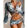 Tie Dye Long Sleeve Bikini Female Swimsuit Women Swimwear Four-pieces Bikini Set Sarong Halter Bather Bathing Suit Swim V2921