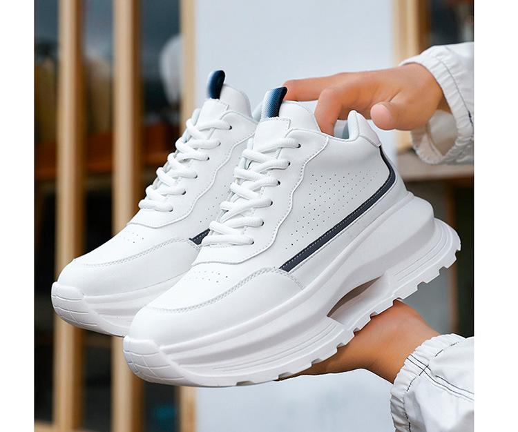 Men's White Hidden Lift Casual Sneakers, 10cm Height Boost, Thick Sole, Trendy Dad Shoes