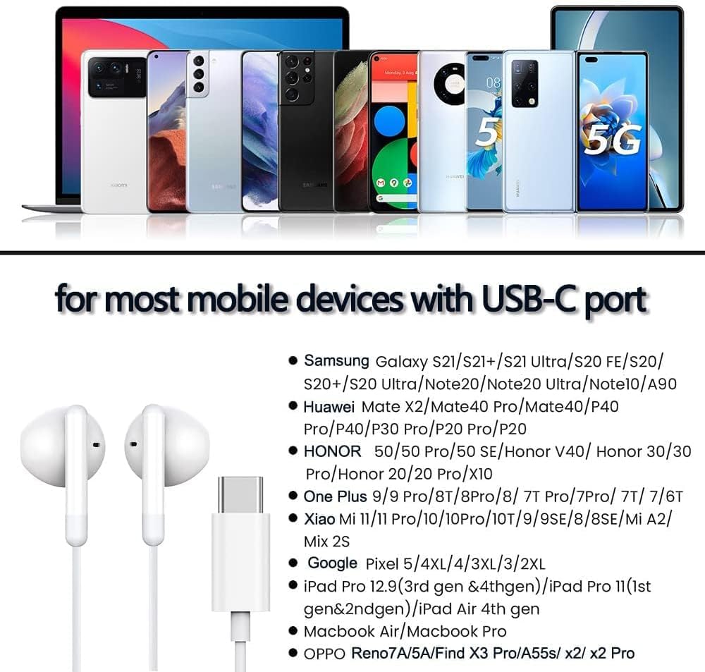 New Edition Compatible with iPhone Wired High Sensitivity Karaoke MEMS Compatible with Pixel White [2025 15/16] Type-c Earphones, Earphones, Type-c,