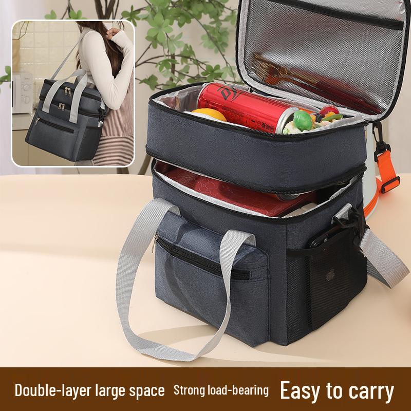 Large Capacity Double-Layer Lunch Bag for Outdoor Camping and Picnics with Optional Crossbody Strap