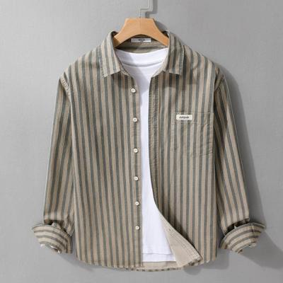 Spring and Autumn Men's Striped Simple Long Sleeve Shirt Trendy Japanese Loose Fashion Youth Versatile Men's Shirt