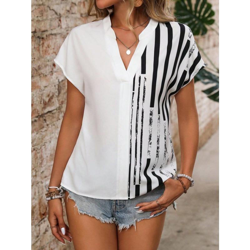 Summer New Short-sleeved Versatile Casual Women's Shirt V-neck Striped Loose and Comfortable Top