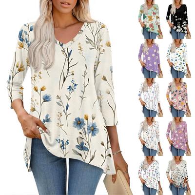 Blusas para Mujer de Cuello en V y Manga 3/4 Camisas Casuales de Longitud Media Tops Tunica con Estampado de Moda