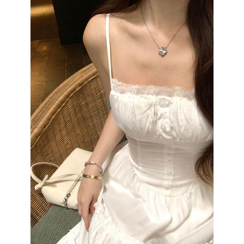 Kumikumi French Style Gentle Wind Lace Stitching Sling Dress Women Summer Waist Hugging Slimming A- Line Skirt Long Dress
