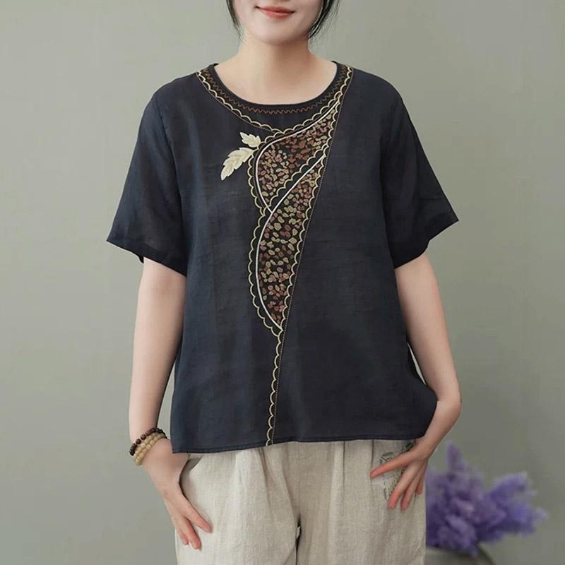 Cotton T-shirt Spring Summer Women Light Round Neck Embroidered Shirt Loose Versatile Tops