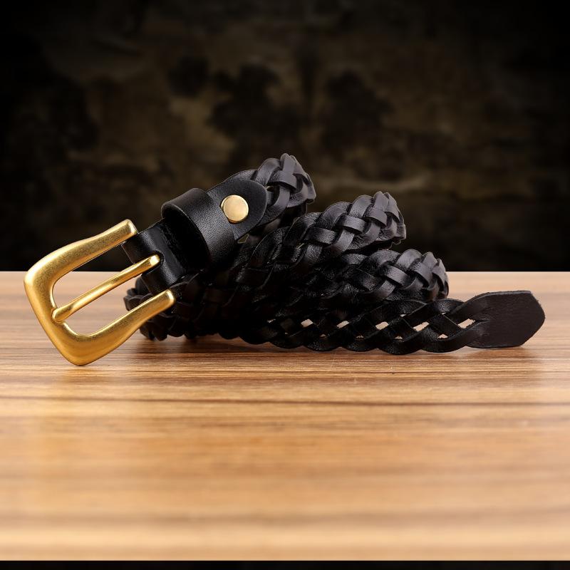 Genuine Leather Hand-Woven Women'S Leather Copper Buckle Without Punching Pin Buckle Decoration With Jeans Belt