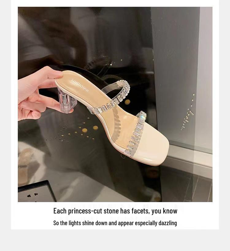 Summer 2025 Korean Fairy Square Toe Rhinestone Strap Transparent Chunky Heel Sandals for Women