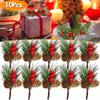 10PC Simulation Branches Christmas Decor Red Berry Holiday Decor Crafts Fake Needle Stems DIY Xmas Wreath Hanging Ornaments Home