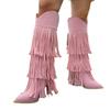 Large Size Women'S Long Tassel Boots Autumn And Winter Pointed Thick Heel Fashion Boots Vintage Boots