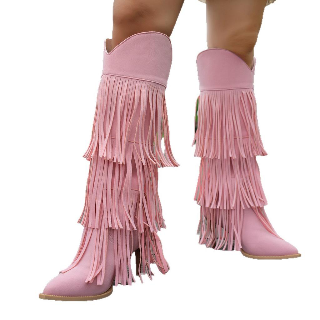 Large Size Women'S Long Tassel Boots Autumn And Winter Pointed Thick Heel Fashion Boots Vintage Boots