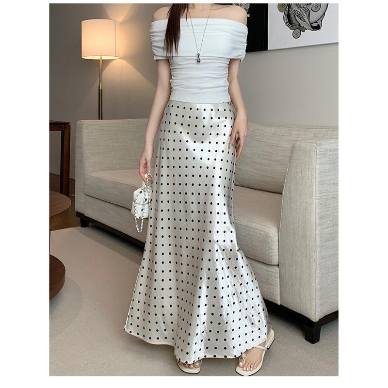 Moda Primavera Verano Elegante Estampado de Lunares Falda Larga Cintura Alta Suelta Ajustada a la Cadera Línea A Faldas de Fiesta Ropa Sencilla Casual para Señoras de Oficina