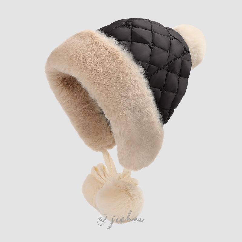 

24 New winter thickened cold-proof warm hat women s cute hairball knitted wool ear protection hat Northeast Lei Feng hat
