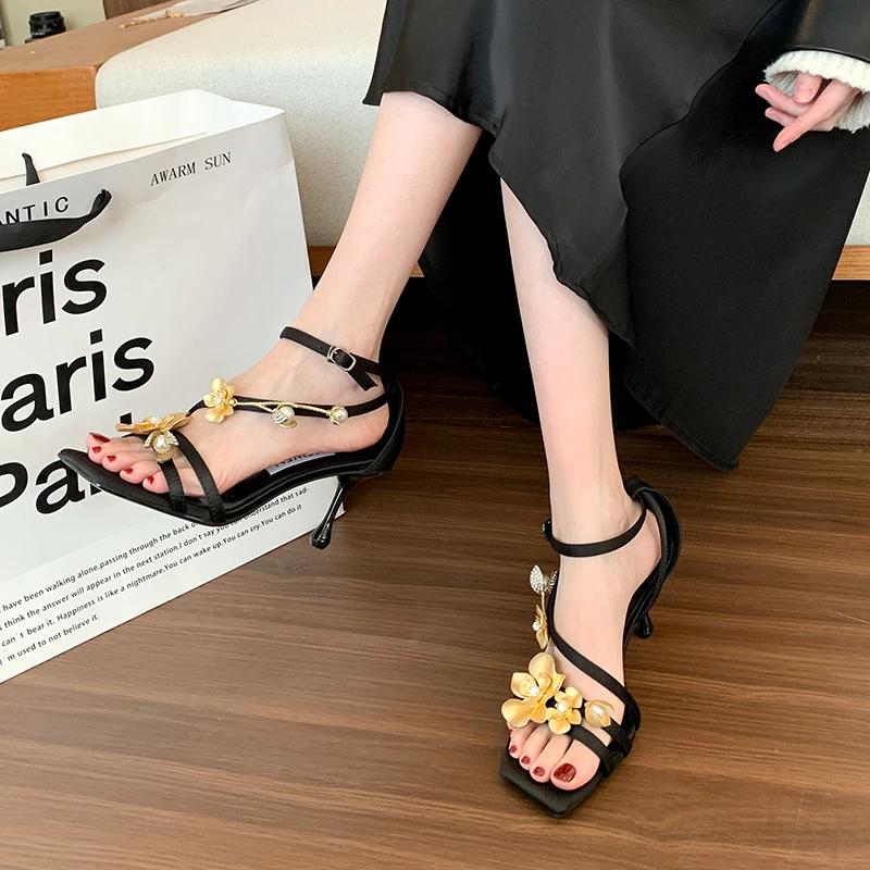 New Women's High Heels Sandals Thin Heels Flower Heel Wrap High Heel Dress Square Toe One-line Buckle Fashion Sandalias De Mujer