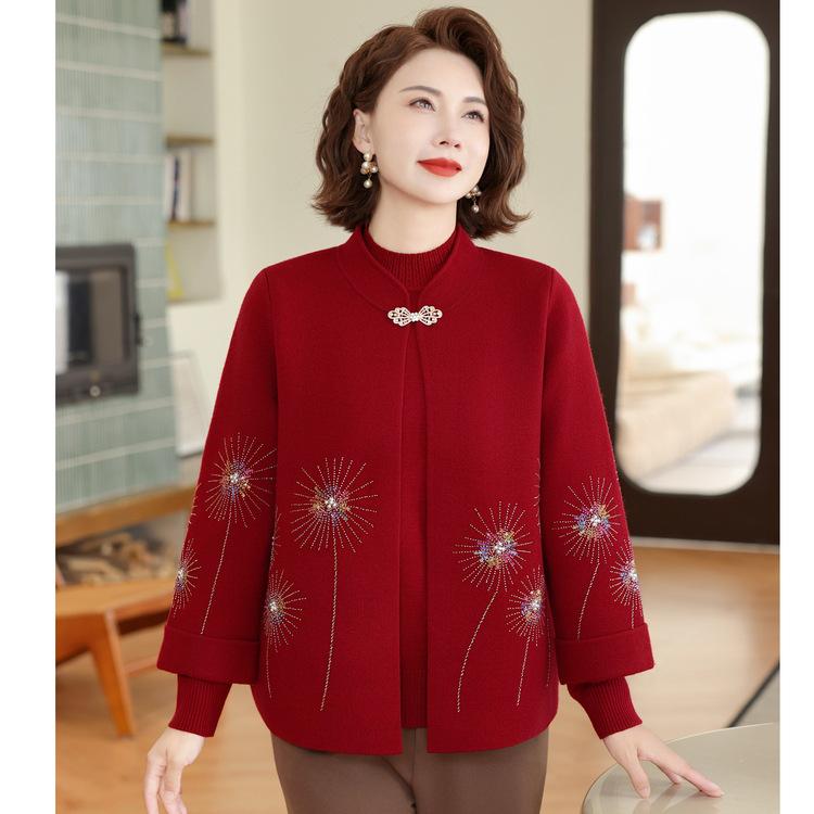 Middle-aged and Elderly Women's Cardigan Year Sweater Jacket Mother Spring and Autumn Clothes Red Knitted Two-piece Autumn and Winter Base Shirt