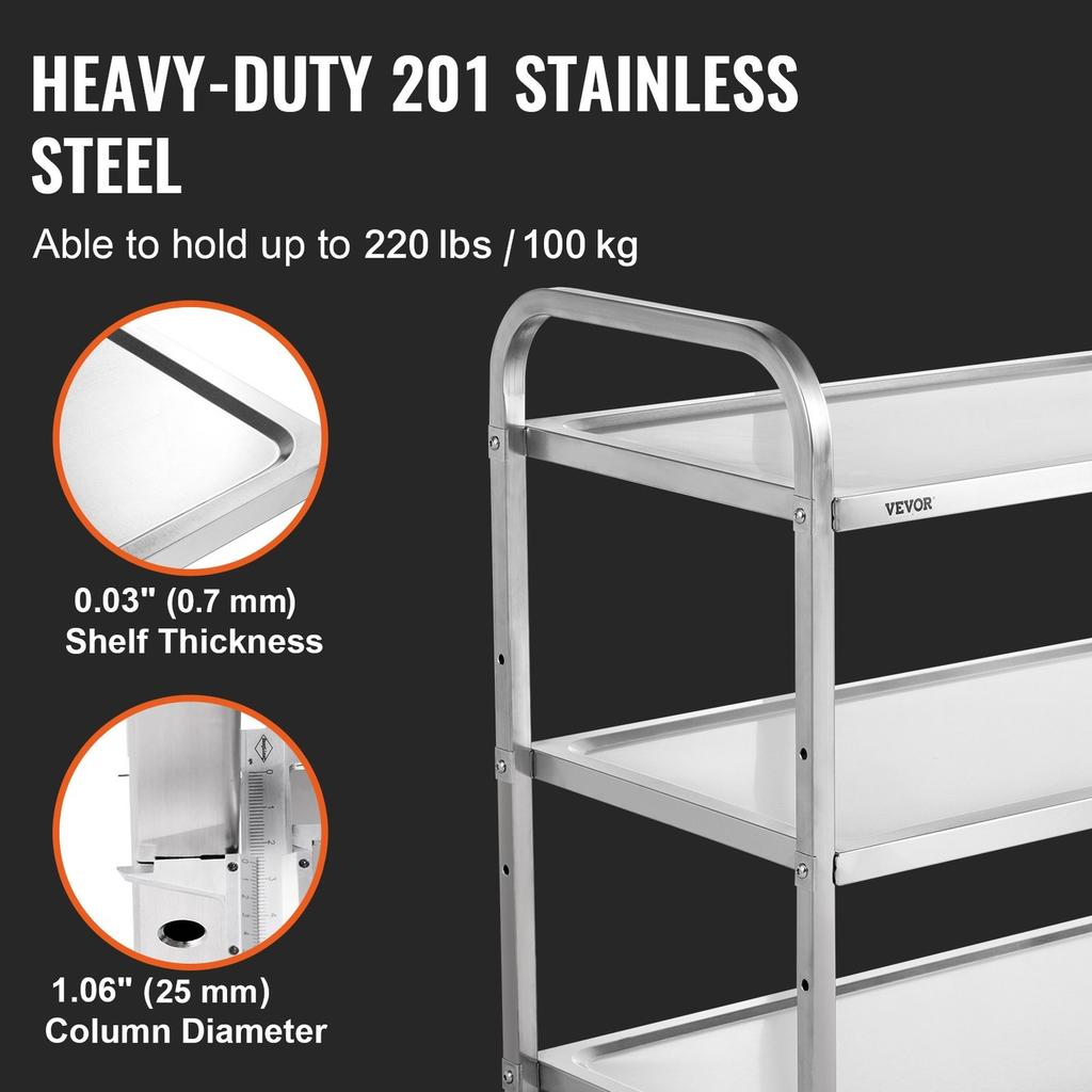 Kitchen Utility Cart, 3 Tiers, Wire Rolling Cart with 450LBS Capacity, Steel Service Cart on Wheels, Metal Storage Trolley with 80mm Basket Curved