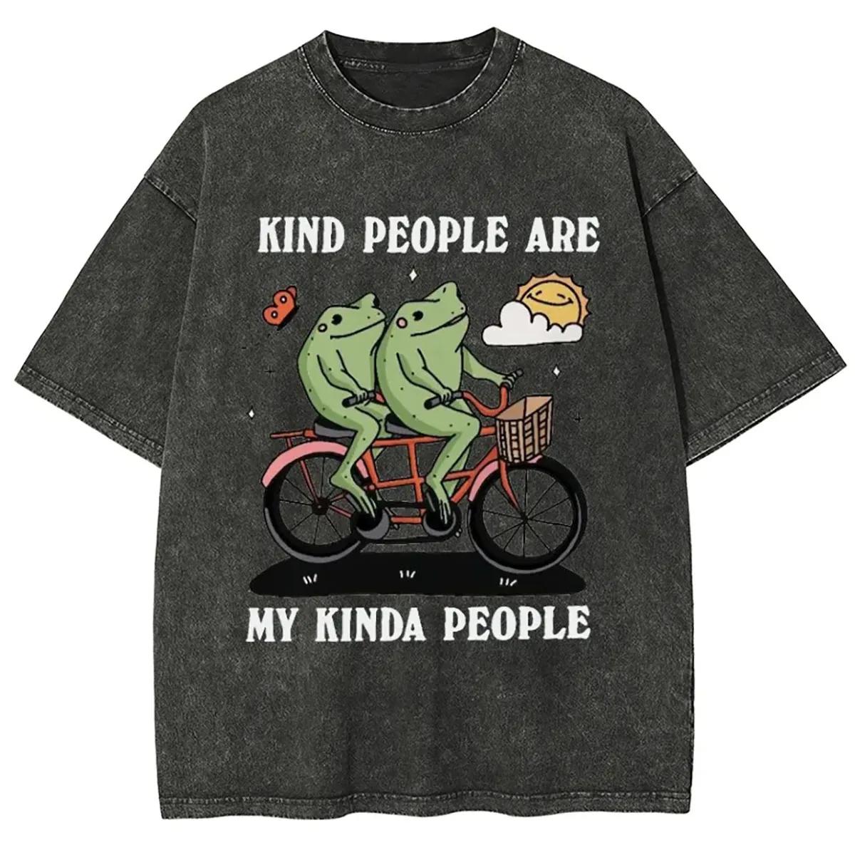 Kind People Are My Kinda People Frog Men Women Unisex Harajuku Washed T-Shirt Ropa Hombre Streetwear Retro Cotton T Shirts S