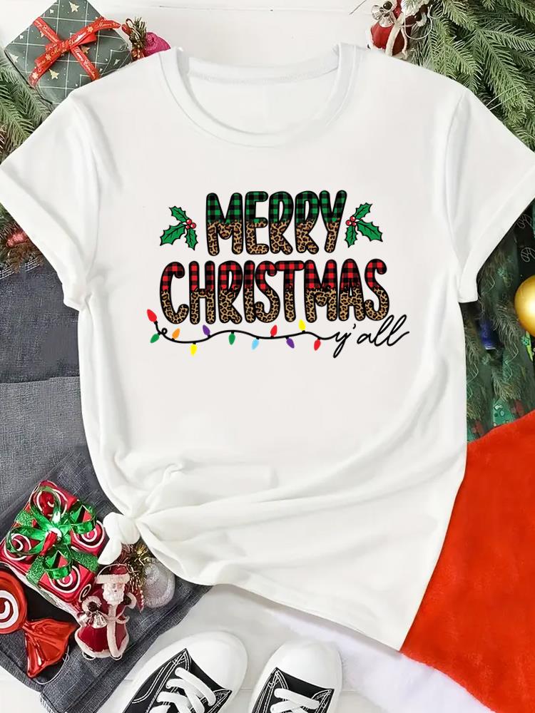 (Asian Size) Print merry Christmas o-neck Women's Top new year T Clothing tree sweet 90s  Short Sleeve T-shirts Fashion holiday Graphic Tee