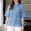 Women Casual Stand Collar Half Sleeve Lace Embroidery Patchwork Blouse