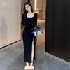 Black Sexy Super Body Long-sleeved Dress Autumn Royal Sister Slim-fitting Bottom Split-ended Little Mother Style Hip-wrapped Long Dress
