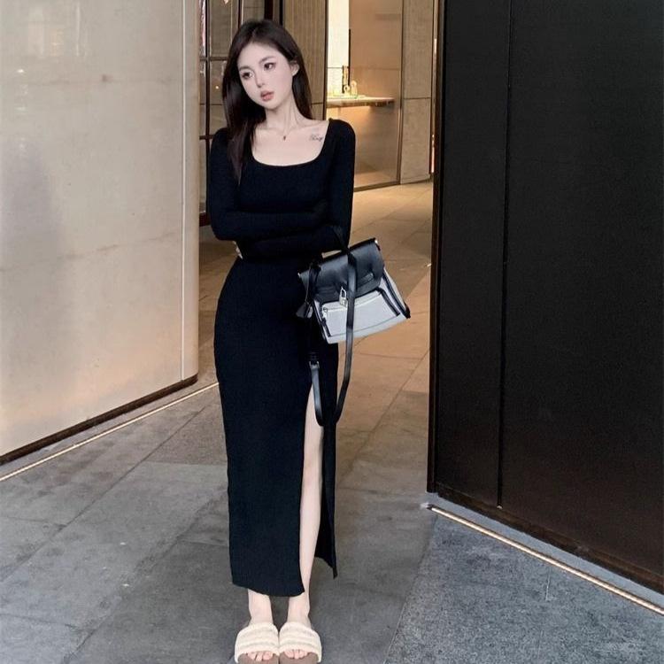 Black Sexy Super Body Long-sleeved Dress Autumn Royal Sister Slim-fitting Bottom Split-ended Little Mother Style Hip-wrapped Long Dress