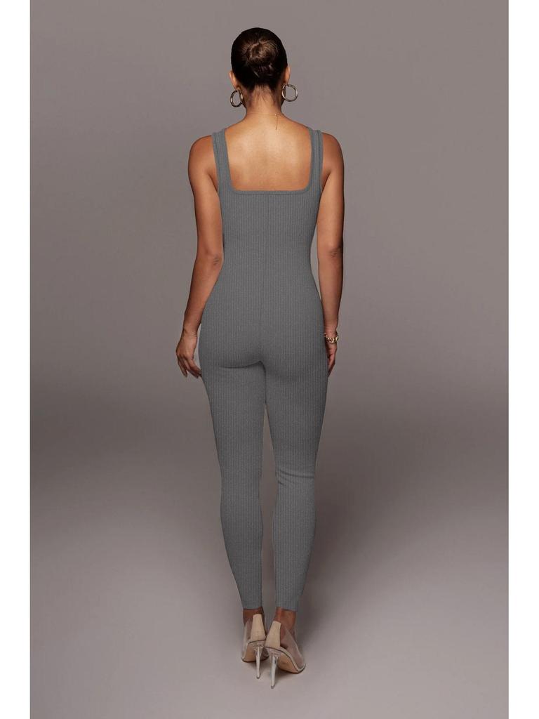 Women's Solid Color Ribbed Sleeveless Bodysuit: Square Neck, Backless, Hip-Lifting Slim-Fit Jumpsuit
