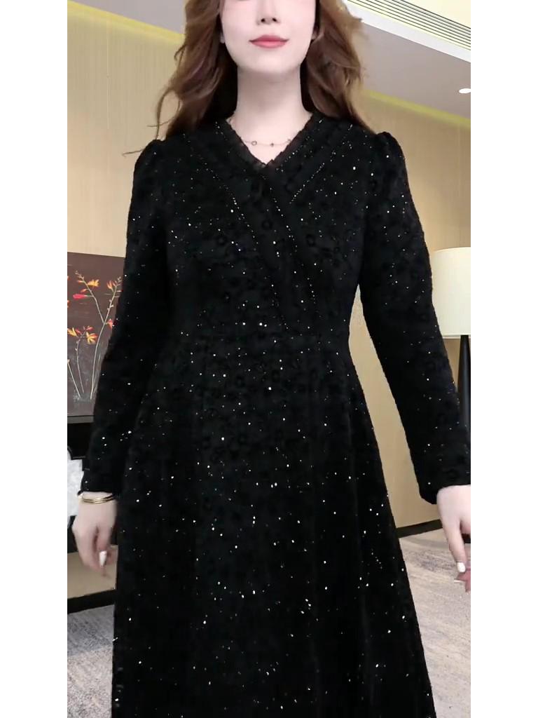 Spring Light Luxury Lace Evening Gown - Plus Size, Long Sleeve, Shiny Casual Dress for Women