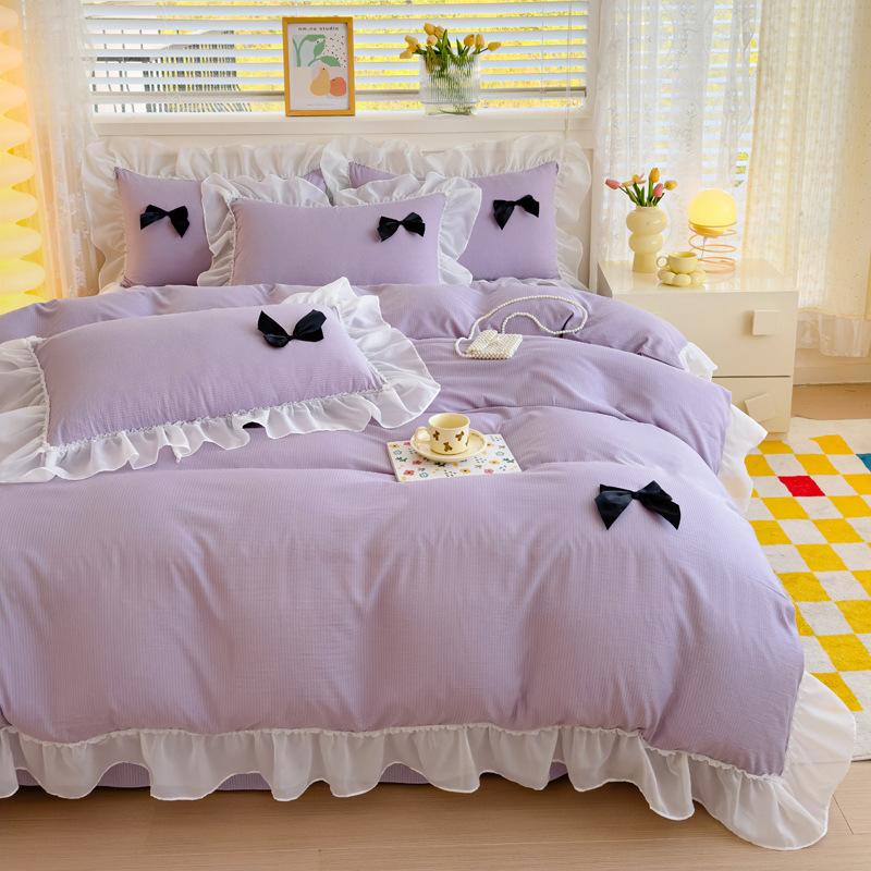 Class A Maternal And Infant Grade Girl Wind Princess Wind Seersucker Bed 4Pcs Set Of Bubble Cotton Lace Four Pieces