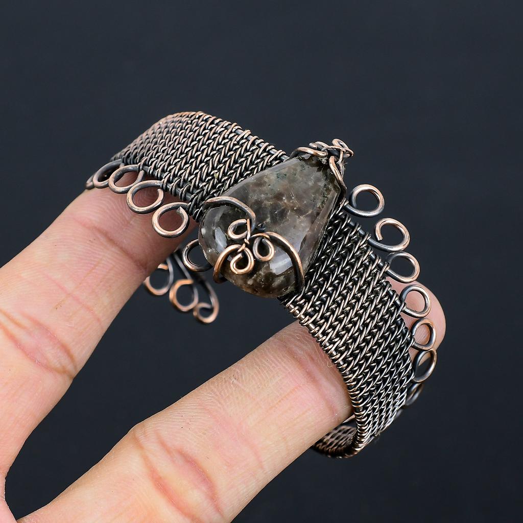 Natural Labradorite Gemstone Handmade Copper Wire Wrap Bangle Adjustable E2s46