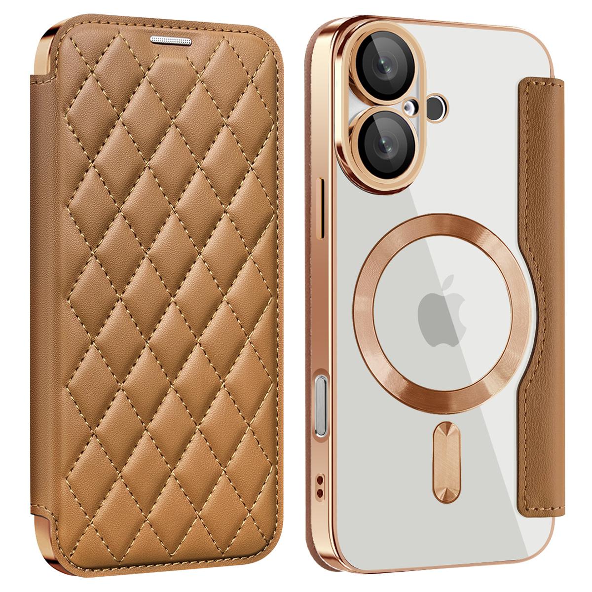 

Чехол для iPhone 16 Plus, совместимый с MagSafe, ромбовидный чехол для телефона из ПУ кожи Gold