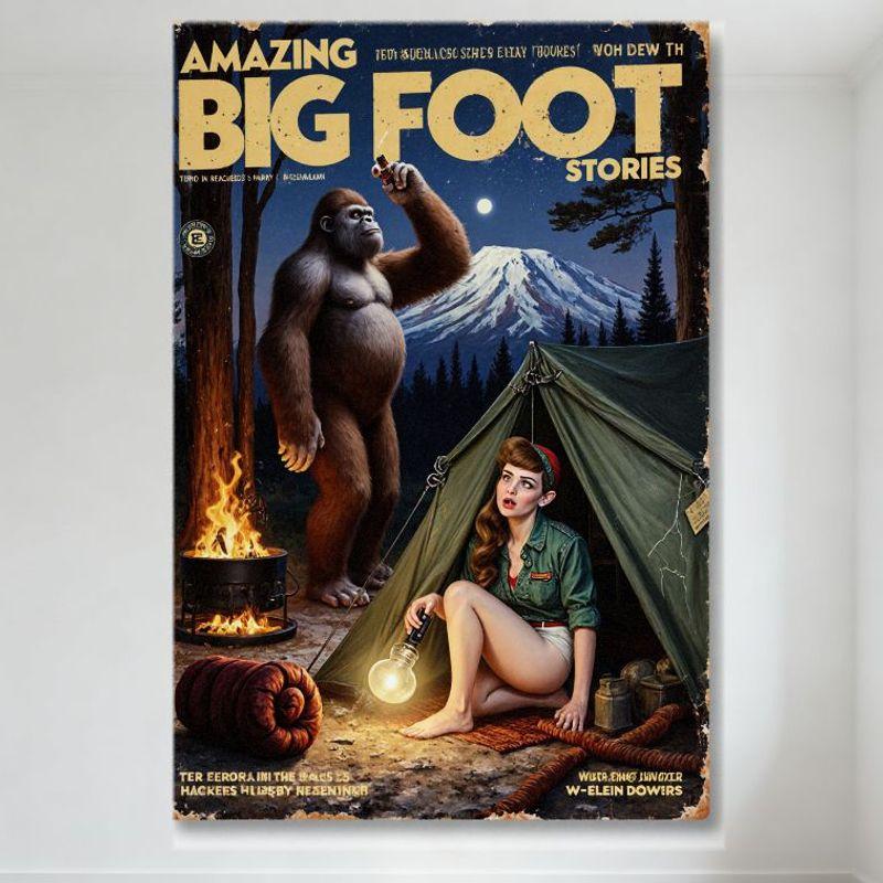 

Vintage Bigfoot Stories Metal Tin Sign - Retro Adventure Night Scene with Campfire, Red-Haired Woman, Full Moon for Home/Bar/Man 20x30cm（7.8x11.8inch）