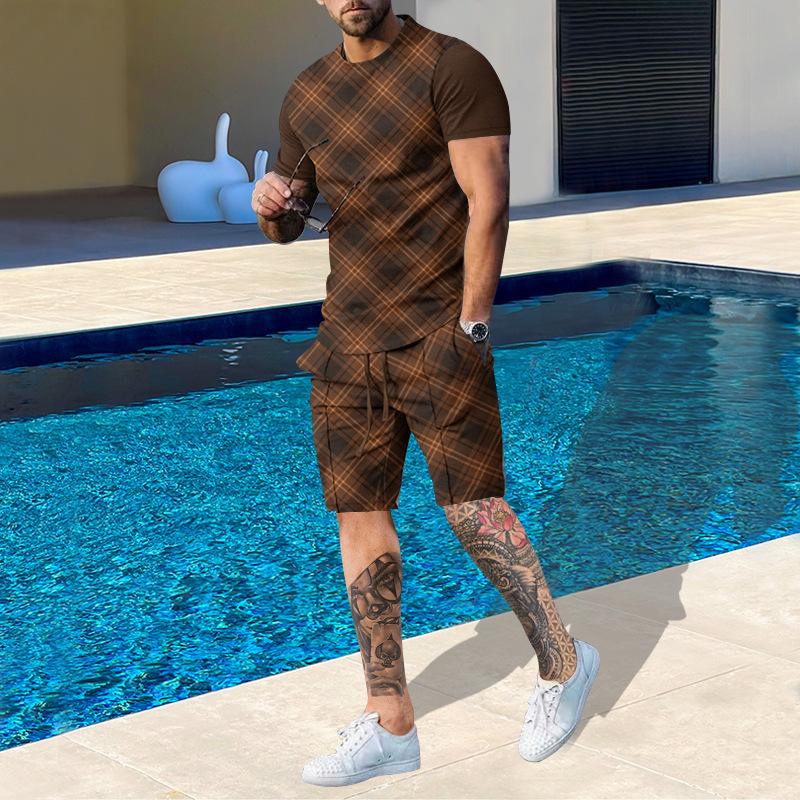 Plus Size Men's Summer Suit Round Neck Short Sleeved Shorts 3D Printed Loose Men's Casual Sports Set