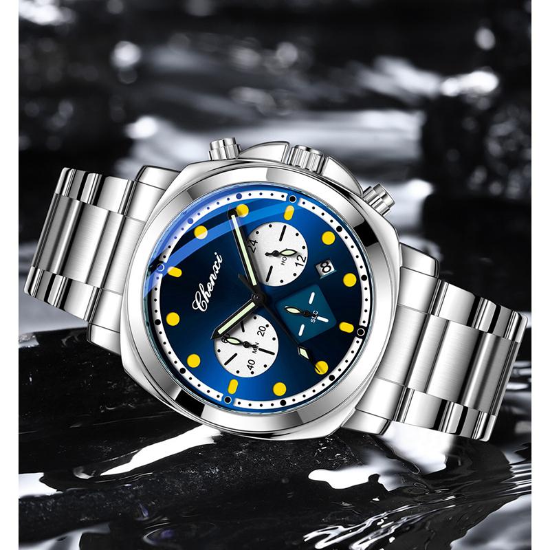 Mens Watch Square Dial Fashion Quartz Wrist Watches Multifunctional Chronograph Waterproof Luminous Gifts Box