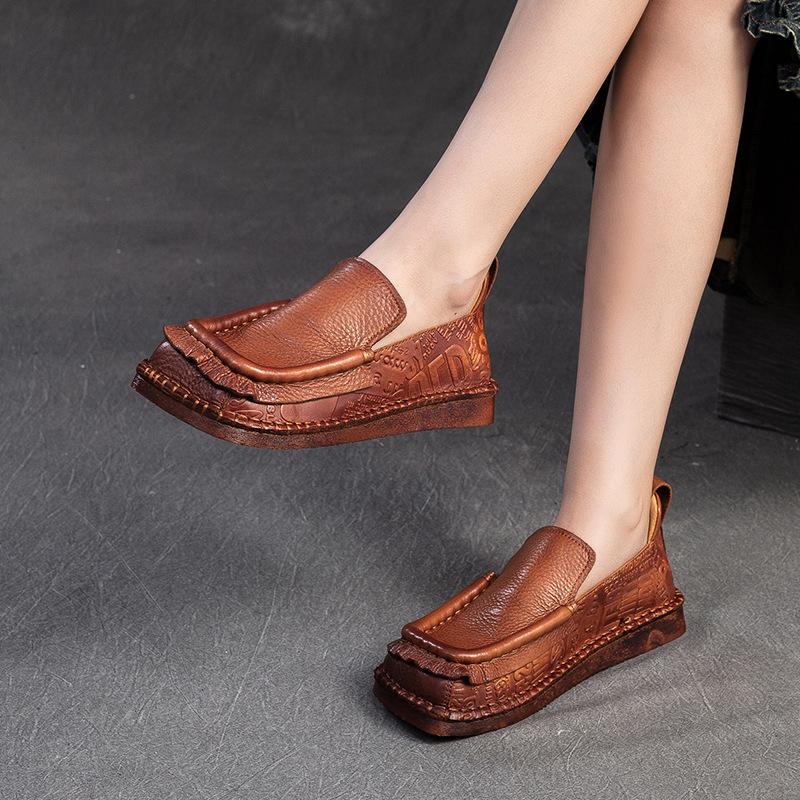 Fashion 2.5CM Square Toe Flats Shoes For Women Loafers Casual Flat Heel Soft Soles Luxury Genuine Leather Elegant Platform Lazy Shoes