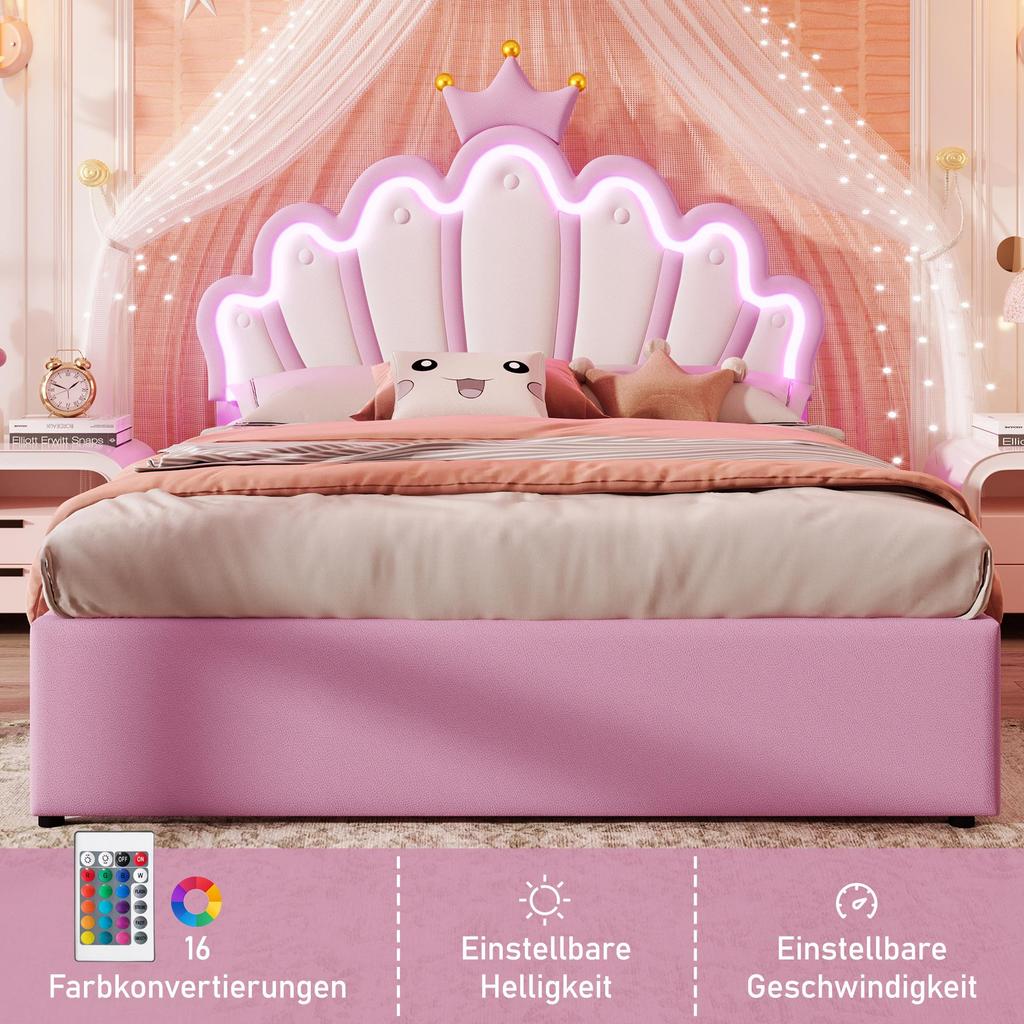 Children's Bed 140x200 Girls Crown Single Bed with Adjustable Headboard, LED Strip, Slatted Frame and 2 Drawers, PU Leather  (without Mattress), Pink