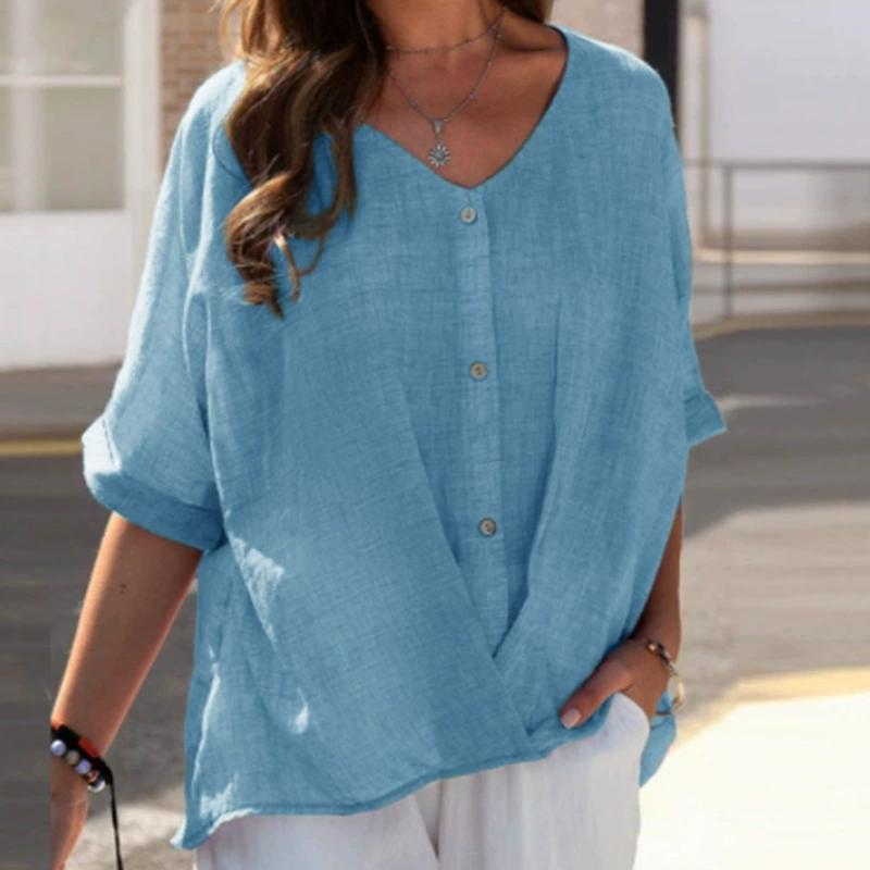 Women's Fashion Casual Summer Solid Color Print Short Sleeve V-Neck Blouses & Shirts