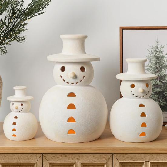 Terracotta Snowman Decor Handcrafted Resin Snowman Figurines Christmas Holiday Rustic Winter Tabletop Decor
