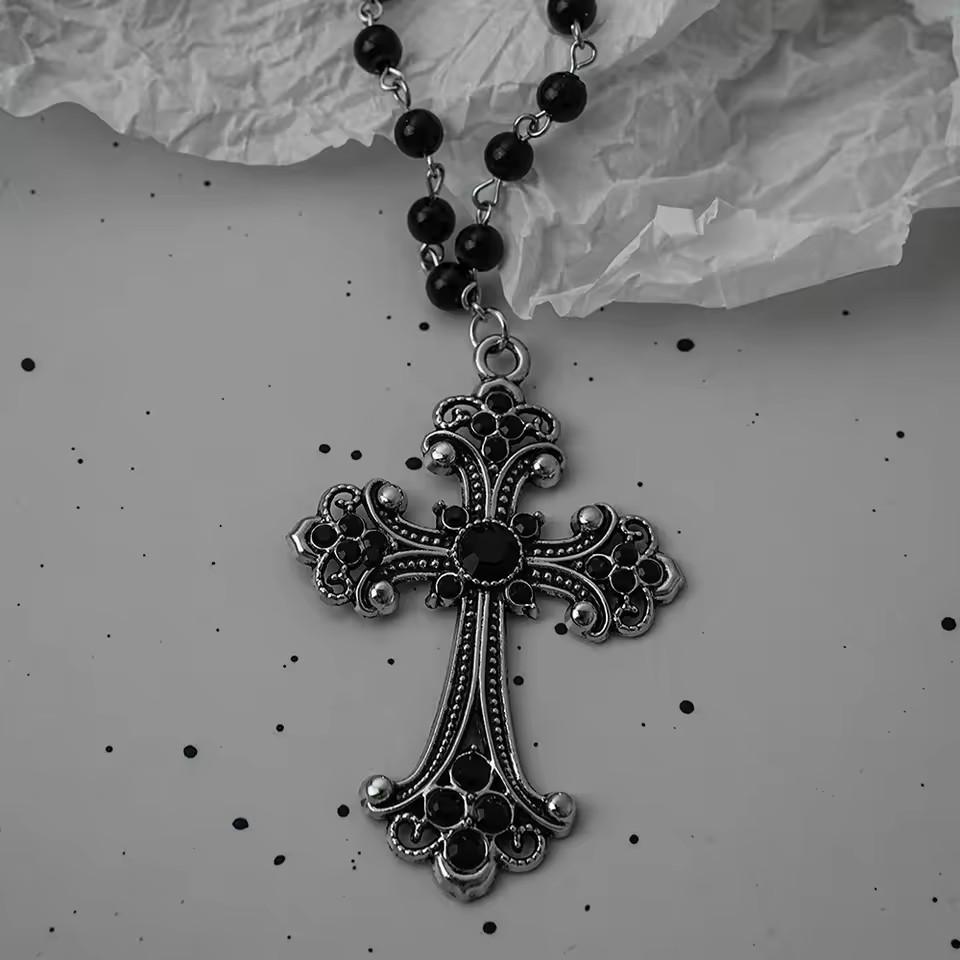 Gotische Vleermuis Kruis Donker Hanger Ketting Set, Y2K Gepersonaliseerde Doorn Liefde Zwarte Kraal Gestapelde Ketting Set, Geschikt als Halloween G