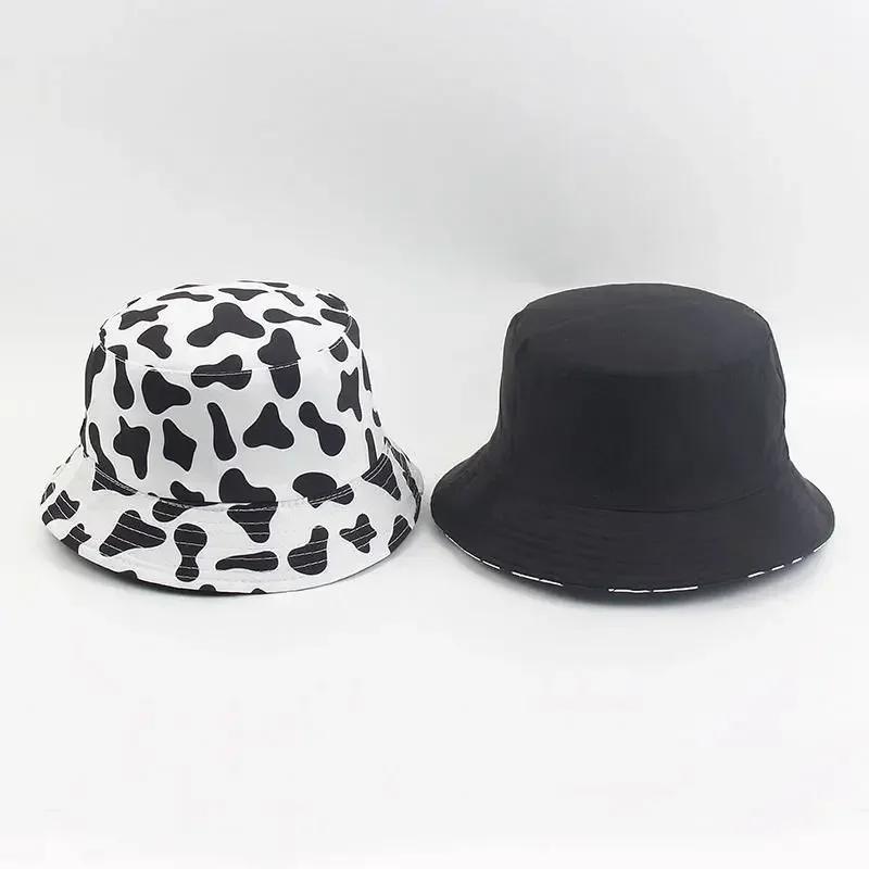Fashion Hats Decor Double-Side-Wear Reversible Fisherman Hat Cap Cotton Black White Print Foldable Fisherman Hat Accessories
