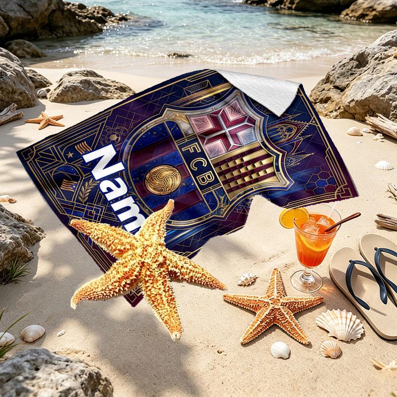 Custom Name Personalized Barcelona FC Soccer Print Beach Towel, for Trip Camping Beach Party Home Decor, Birthday Gift for Family & Friends